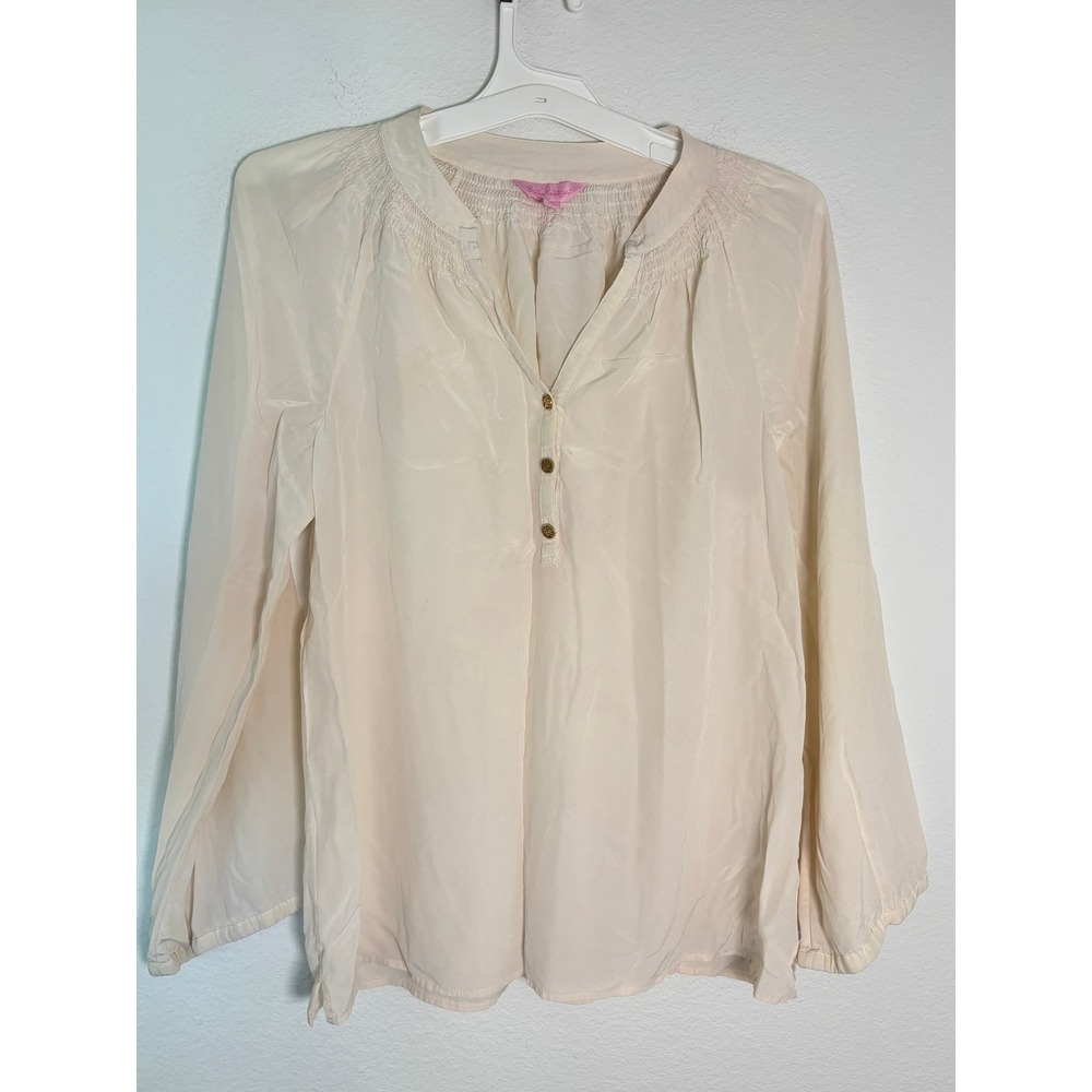 Lilly Pulitzer Silk Smocked V-Neck Blouse Pink Cream Gold Button Top Medium